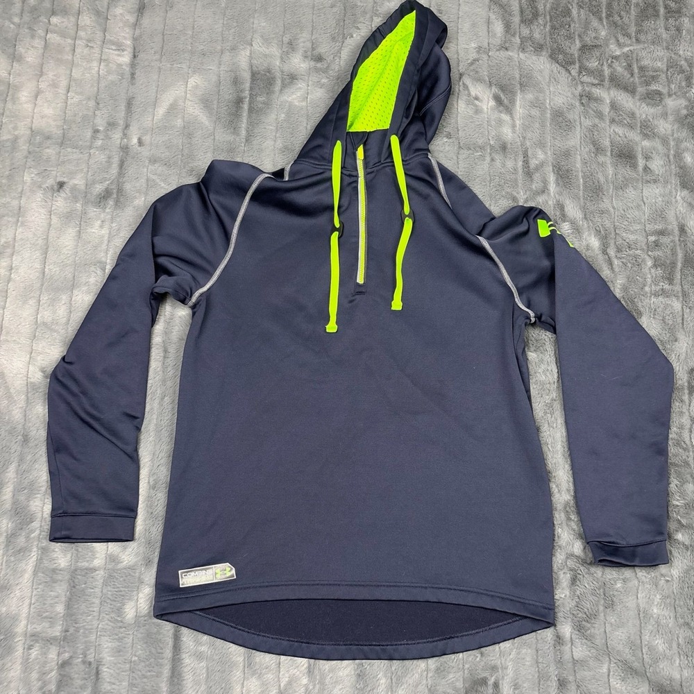 Under Armour Combine Training Hoodie Mens Medium Navy Blue Neon Yellow 1/4 Zip